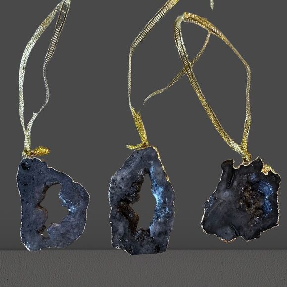 Beautiful Gold Rimmed Genuine Agate Ornamentnts. Set of 3. Handmade. Brand New. - Picture 3 of 4